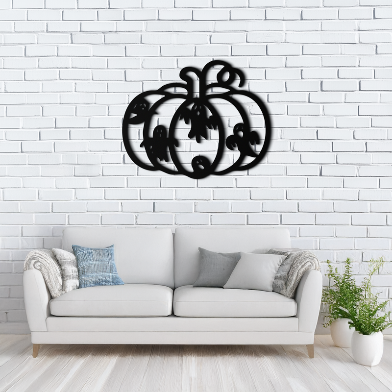Halloween Pumpkin and Ghosts Metal Wall Art – Spooky Black Steel Decoration- KAF505