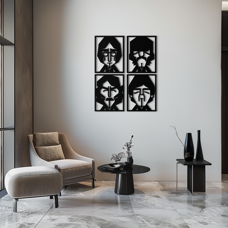 Abstract Geometric Faces Metal Wall Art - Modern Black Steel Home Decor Set of Four- KAF516