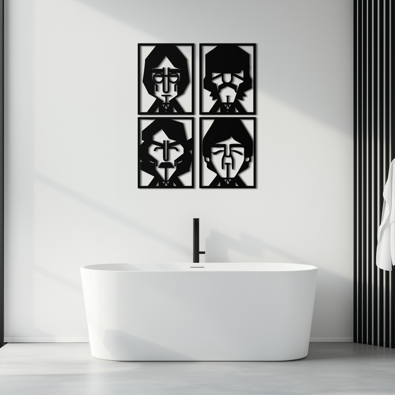 Abstract Geometric Faces Metal Wall Art - Modern Black Steel Home Decor Set of Four- KAF516