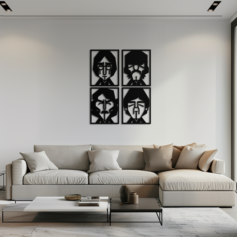 Abstract Geometric Faces Metal Wall Art - Modern Black Steel Home Decor Set of Four- KAF516