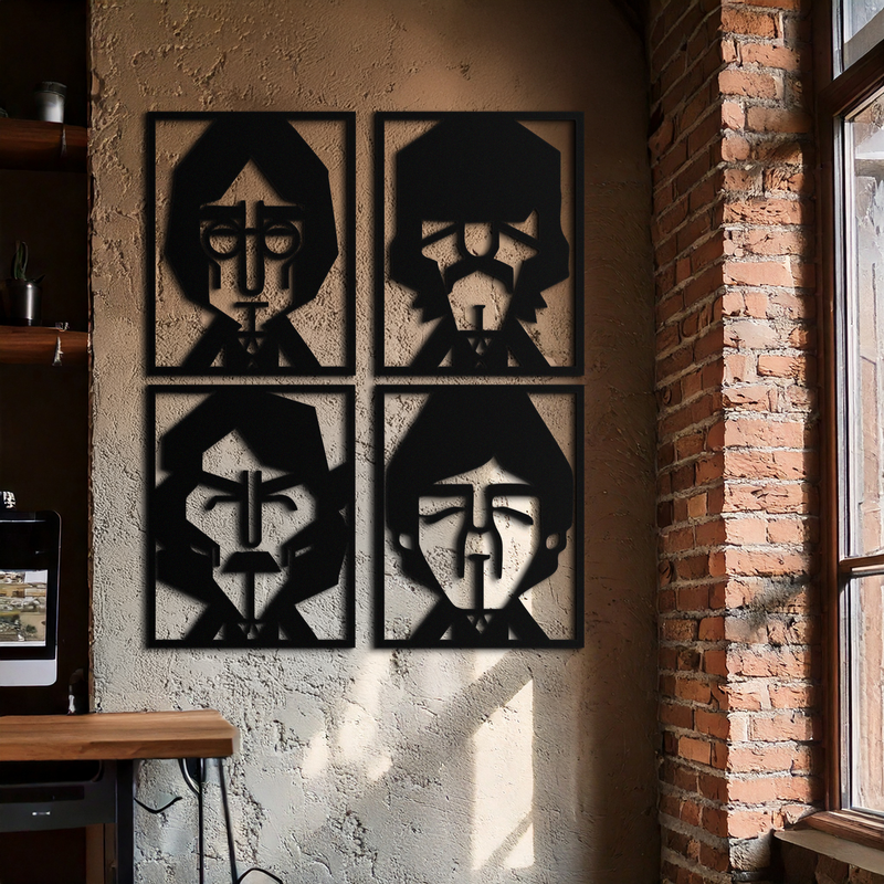 Abstract Geometric Faces Metal Wall Art - Modern Black Steel Home Decor Set of Four- KAF516