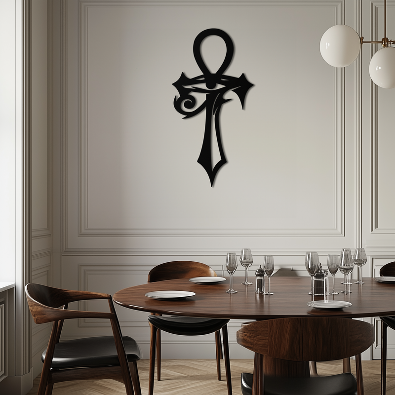 Egyptian Ankh Cross with Eye of Horus Metal Wall Art – Spiritual Symbol Black Wall Decor- KAF557