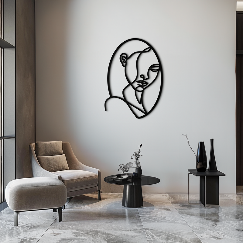 Abstract Woman Face Line Art – Minimalist Metal Wall Decor in Oval Frame- KAF635