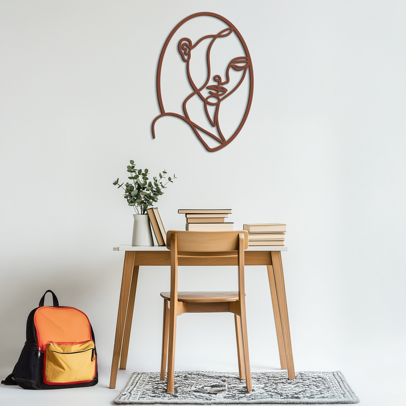 Abstract Woman Face Line Art – Minimalist Metal Wall Decor in Oval Frame- KAF635