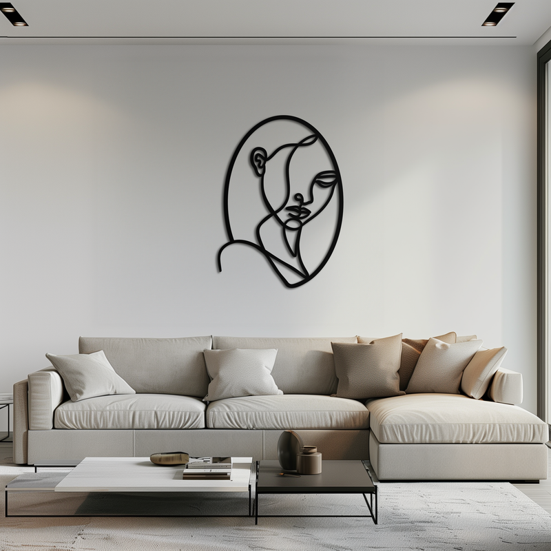 Abstract Woman Face Line Art – Minimalist Metal Wall Decor in Oval Frame- KAF635