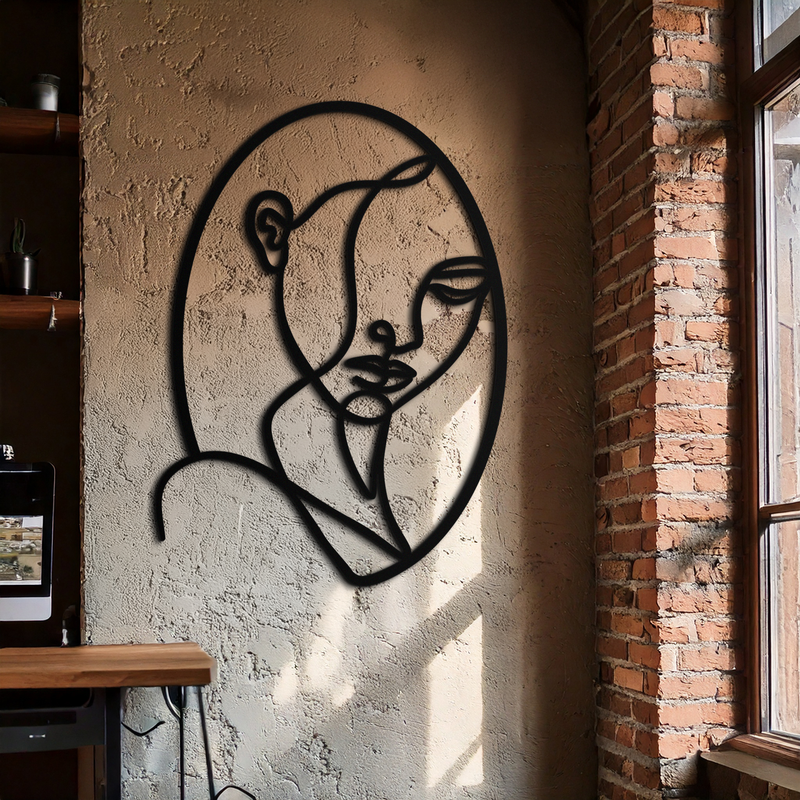 Abstract Woman Face Line Art – Minimalist Metal Wall Decor in Oval Frame- KAF635