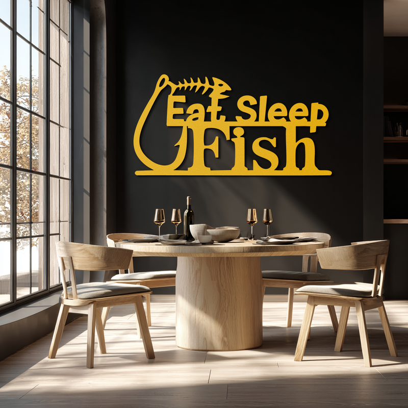 "Eat, Sleep, Fish" Metal Wall Art – Fishing Enthusiast Design with Hook and Phrase- KAF670