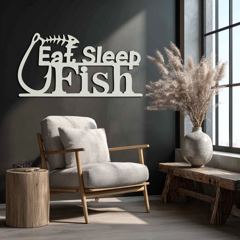 "Eat, Sleep, Fish" Metal Wall Art – Fishing Enthusiast Design with Hook and Phrase- KAF670