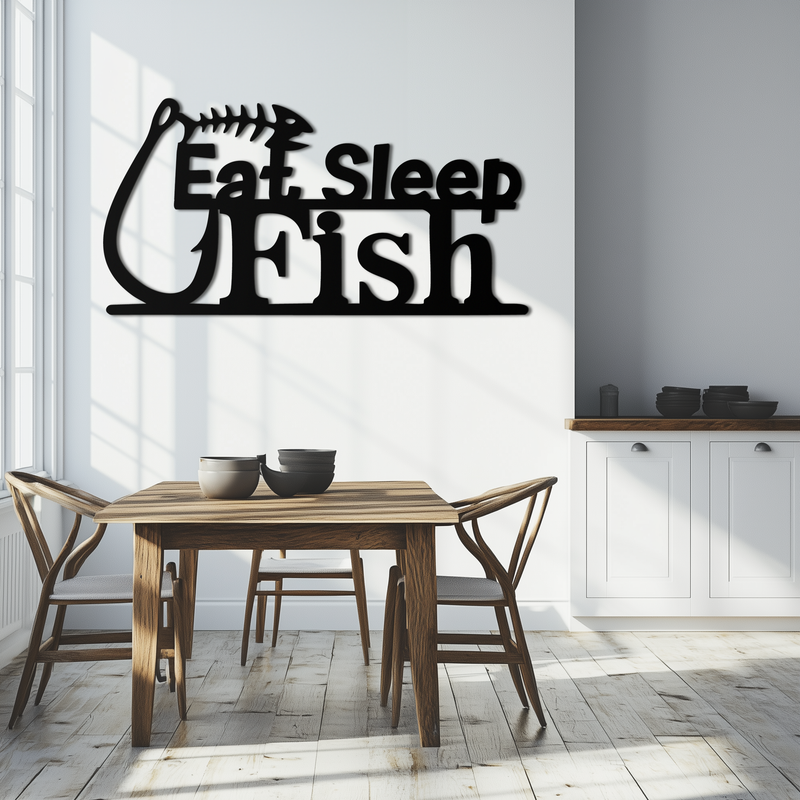 "Eat, Sleep, Fish" Metal Wall Art – Fishing Enthusiast Design with Hook and Phrase- KAF670