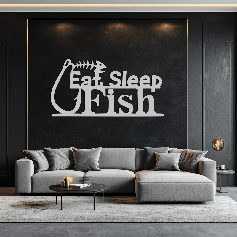 "Eat, Sleep, Fish" Metal Wall Art – Fishing Enthusiast Design with Hook and Phrase- KAF670