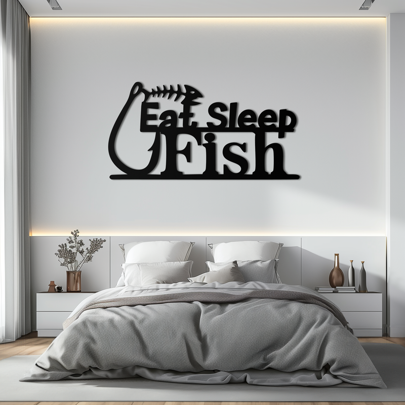 "Eat, Sleep, Fish" Metal Wall Art – Fishing Enthusiast Design with Hook and Phrase- KAF670