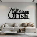 "Eat, Sleep, Fish" Metal Wall Art – Fishing Enthusiast Design with Hook and Phrase- KAF670