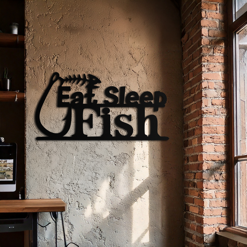 "Eat, Sleep, Fish" Metal Wall Art – Fishing Enthusiast Design with Hook and Phrase- KAF670
