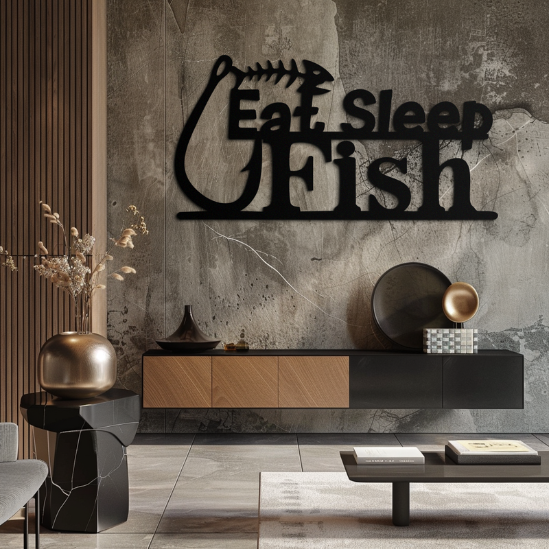"Eat, Sleep, Fish" Metal Wall Art – Fishing Enthusiast Design with Hook and Phrase- KAF670