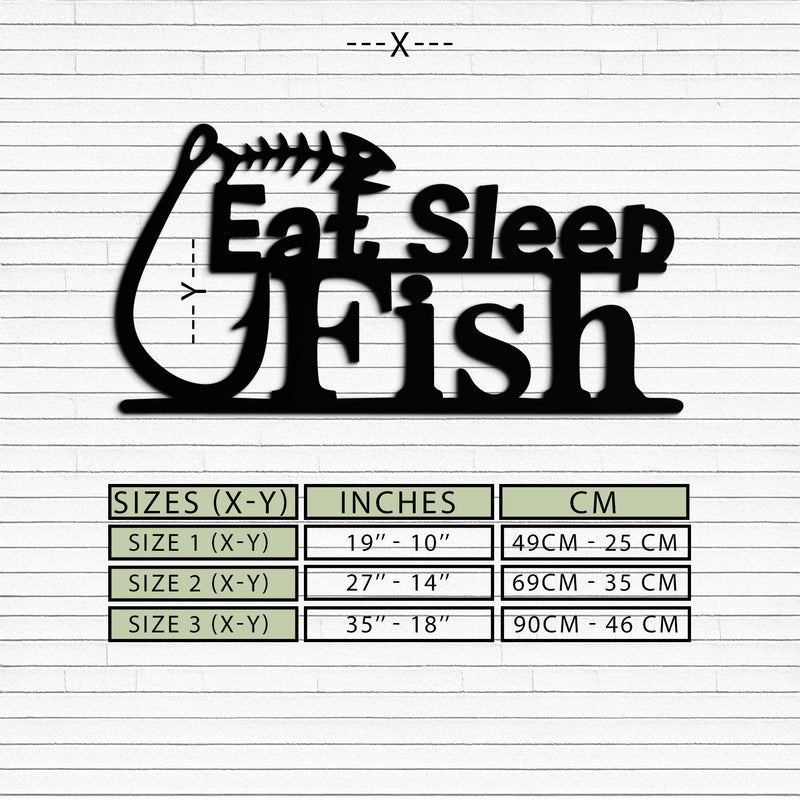 "Eat, Sleep, Fish" Metal Wall Art – Fishing Enthusiast Design with Hook and Phrase- KAF670