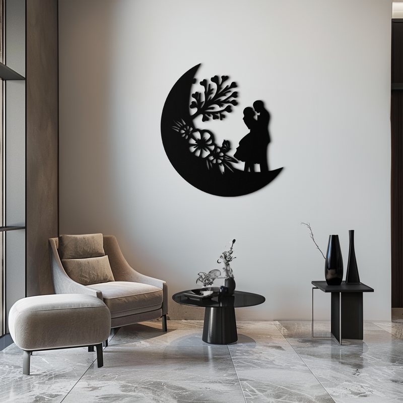 : Lovers on the Moon Metal Wall Art – Romantic Silhouette for Dreamy Interiors- KAF695