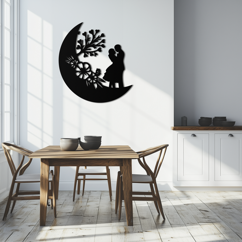 : Lovers on the Moon Metal Wall Art – Romantic Silhouette for Dreamy Interiors- KAF695