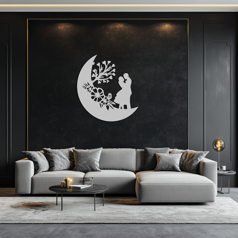 : Lovers on the Moon Metal Wall Art – Romantic Silhouette for Dreamy Interiors- KAF695