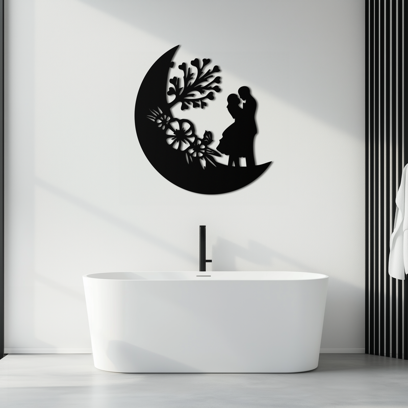 : Lovers on the Moon Metal Wall Art – Romantic Silhouette for Dreamy Interiors- KAF695