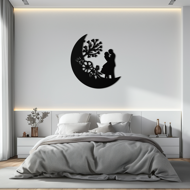 : Lovers on the Moon Metal Wall Art – Romantic Silhouette for Dreamy Interiors- KAF695