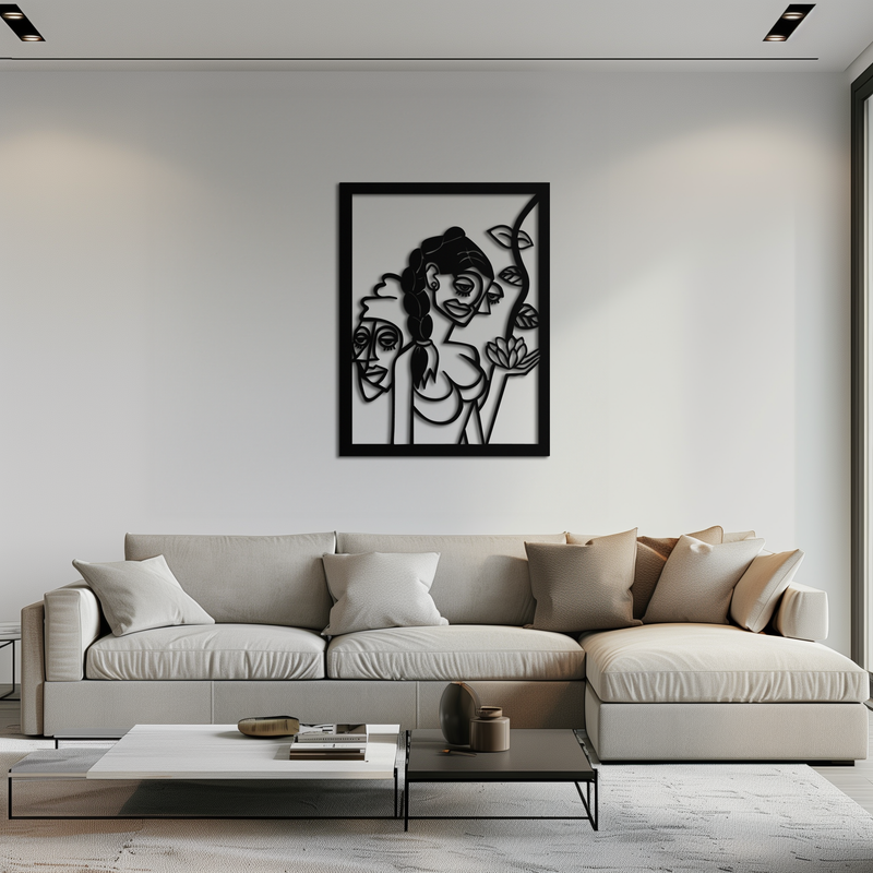 Abstract Tribal Faces with Floral Elements Modern Metal Wall Art Panel- KAF703