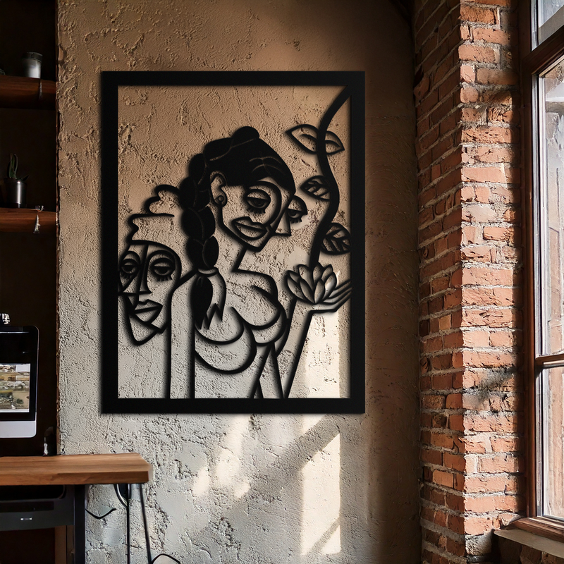 Abstract Tribal Faces with Floral Elements Modern Metal Wall Art Panel- KAF703