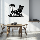 Sunbathing Skeleton Metal Wall Art – Tropical Palm Tree Beach Decor- KAF706