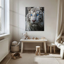 Blue-Eyed White Tiger Glass Wall Art – Fierce Wildlife Portrait with Striking Gaze-KAFCD016