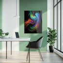 Abstract Neon Swirl Glass Wall Art – Colorful Fluid Motion on Deep Black Canvas-KAFCD019