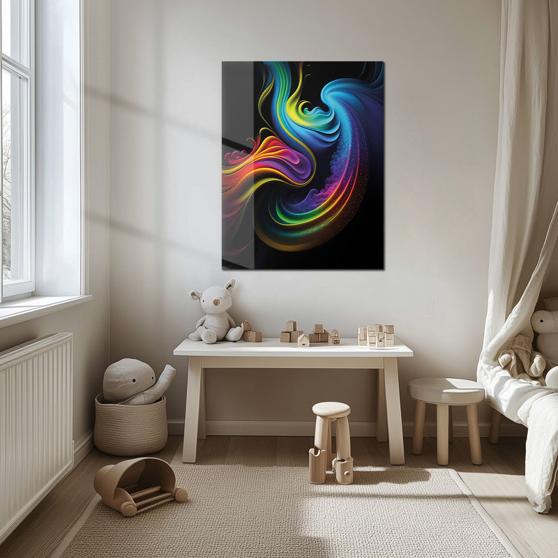 Abstract Neon Swirl Glass Wall Art – Colorful Fluid Motion on Deep Black Canvas-KAFCD019