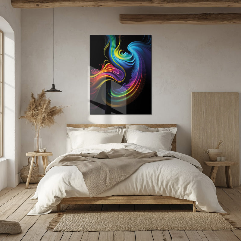 Abstract Neon Swirl Glass Wall Art – Colorful Fluid Motion on Deep Black Canvas-KAFCD019