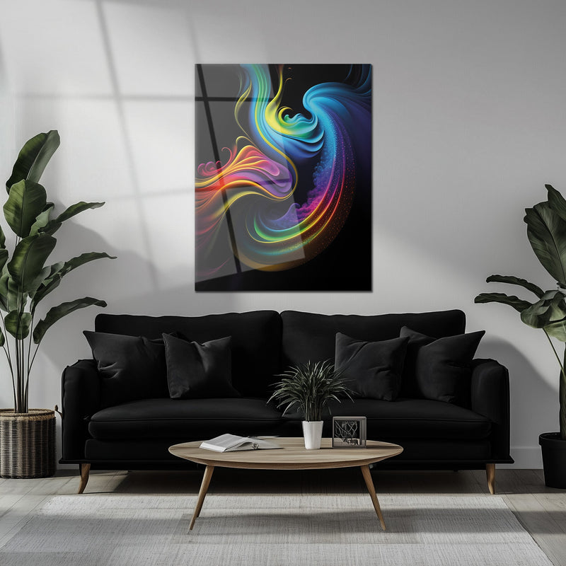 Abstract Neon Swirl Glass Wall Art – Colorful Fluid Motion on Deep Black Canvas-KAFCD019