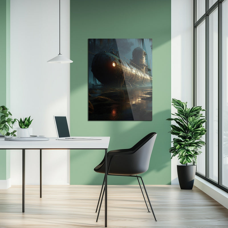 Abandoned Submarine in Swamp Glass Wall Art – Moody Nautical UV Print Design-KAFCD030