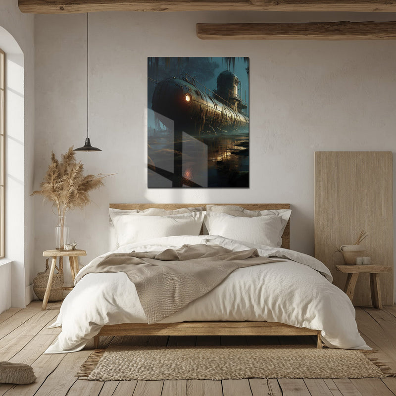 Abandoned Submarine in Swamp Glass Wall Art – Moody Nautical UV Print Design-KAFCD030