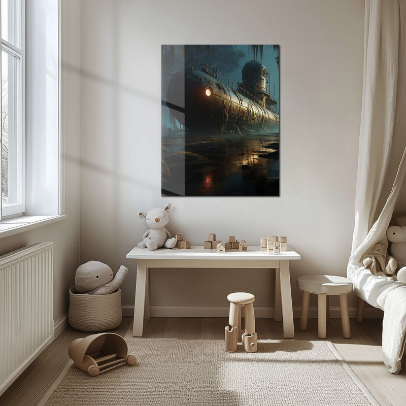 Abandoned Submarine in Swamp Glass Wall Art – Moody Nautical UV Print Design-KAFCD030