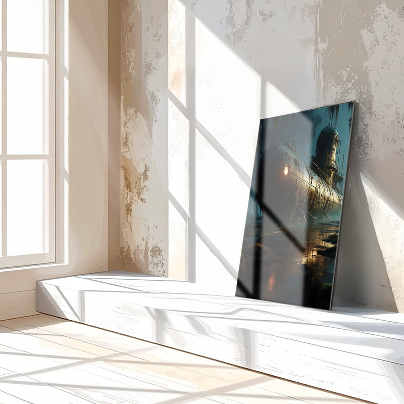 Abandoned Submarine in Swamp Glass Wall Art – Moody Nautical UV Print Design-KAFCD030