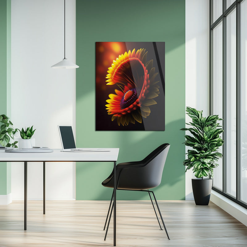 Abstract Fire Petal Bloom Glass Wall Art – Glowing Floral UV Print Design-KAFCD050