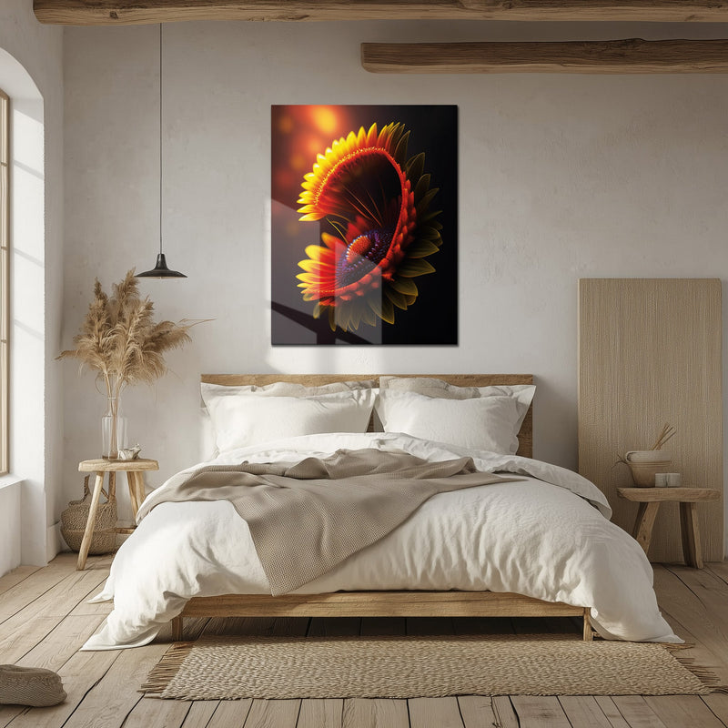 Abstract Fire Petal Bloom Glass Wall Art – Glowing Floral UV Print Design-KAFCD050