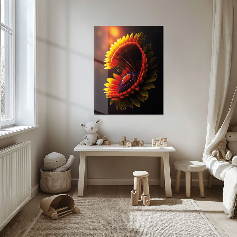 Abstract Fire Petal Bloom Glass Wall Art – Glowing Floral UV Print Design-KAFCD050