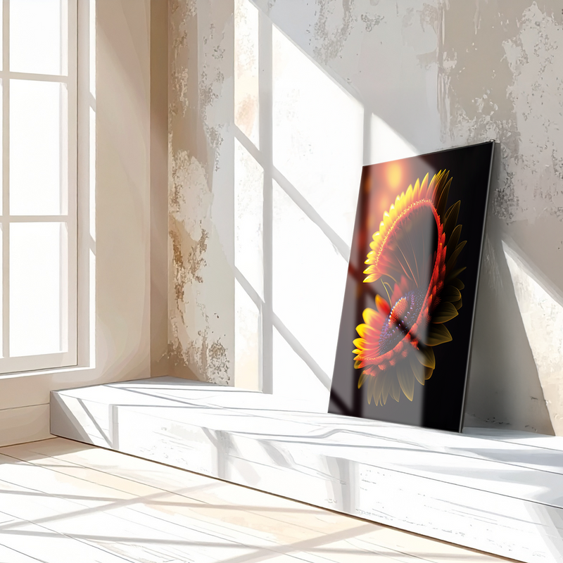 Abstract Fire Petal Bloom Glass Wall Art – Glowing Floral UV Print Design-KAFCD050