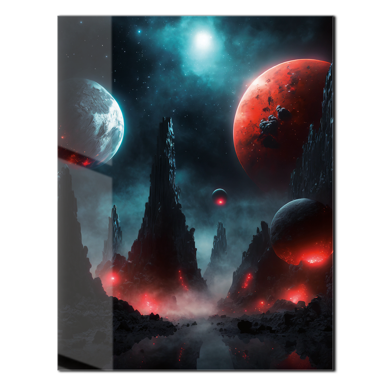 Alien Planet Landscape Glass Wall Art – Sci-Fi Cosmic UV Print Design-KAFCD055