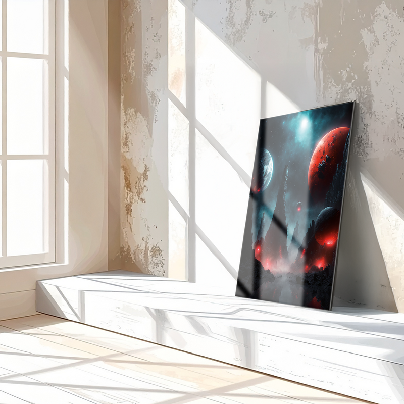 Alien Planet Landscape Glass Wall Art – Sci-Fi Cosmic UV Print Design-KAFCD055