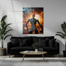 Dystopian Cyborg Encounter – UV Printed Sci-Fi Glass Wall Art for Futuristic Decor - KAFCD108