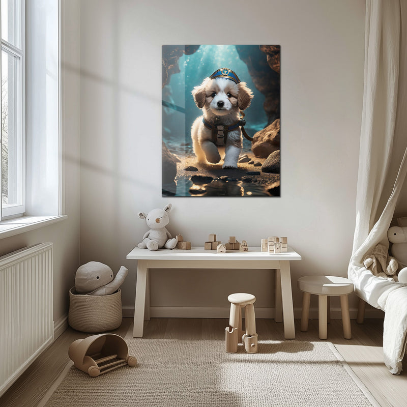 Adventure Puppy Portrait – Cute Explorer Dog UV Glass Wall Art for Pet Lovers - KAFCD110