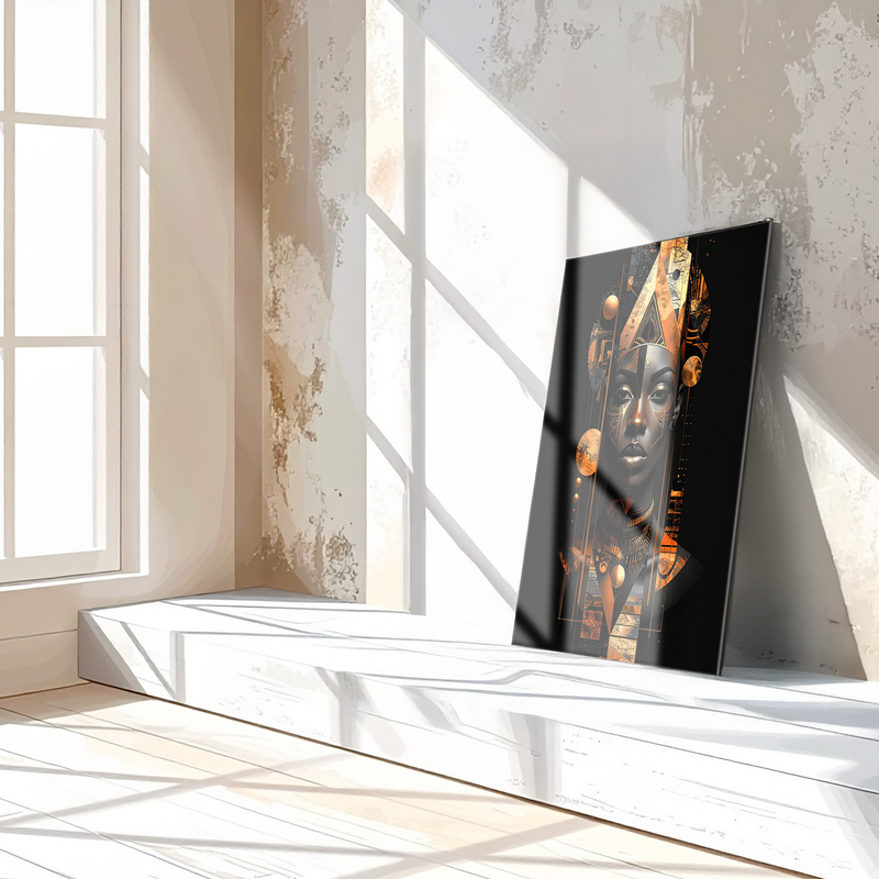 African Queen Abstract Glass Wall Art – Geometric Portrait in Copper and Black UV Printed Decor-KAFCD229