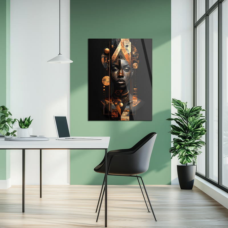 African Queen Abstract Glass Wall Art – Geometric Portrait in Copper and Black UV Printed Decor-KAFCD229