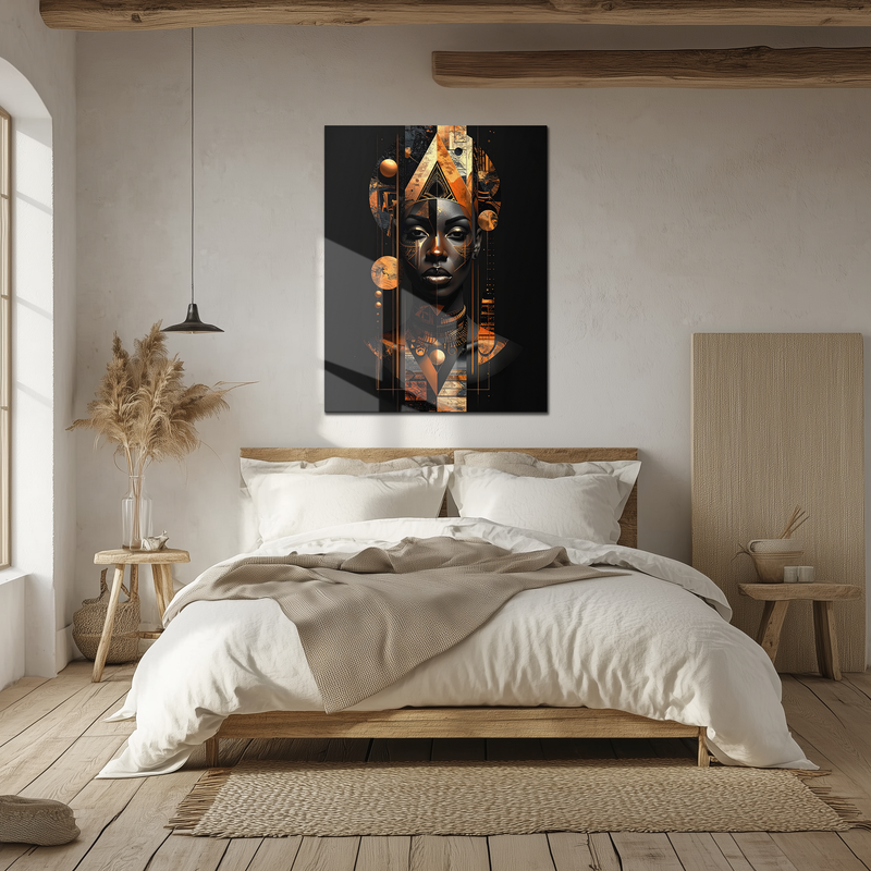 African Queen Abstract Glass Wall Art – Geometric Portrait in Copper and Black UV Printed Decor-KAFCD229