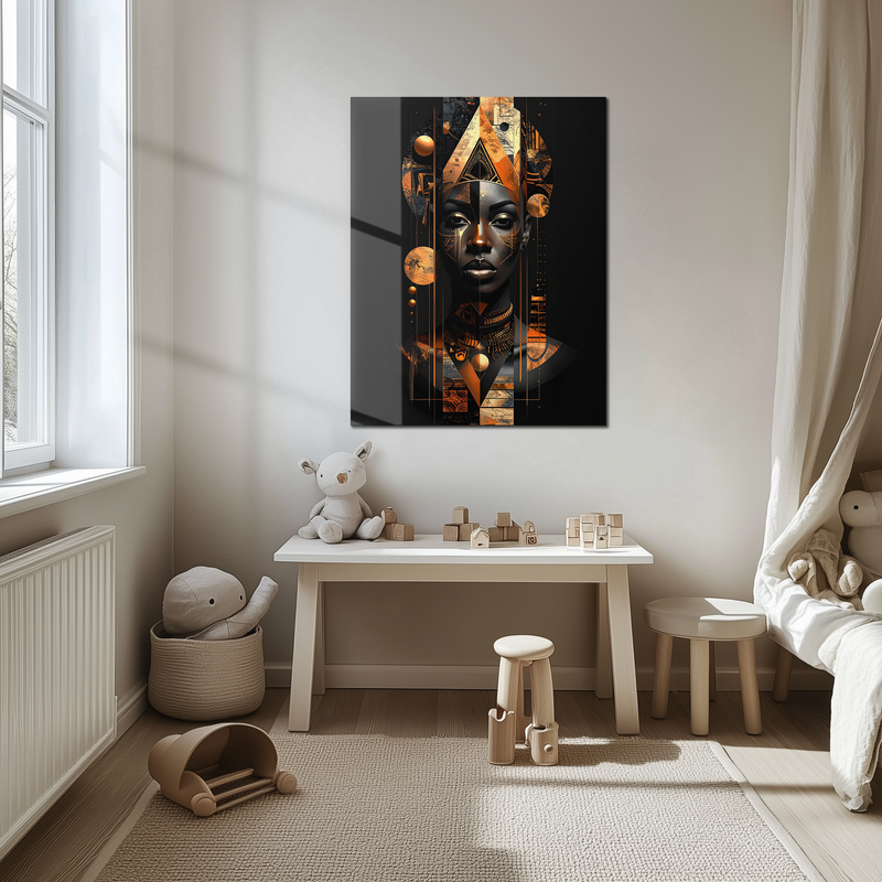 African Queen Abstract Glass Wall Art – Geometric Portrait in Copper and Black UV Printed Decor-KAFCD229