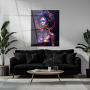 Afrofuturistic Queen Glass Wall Art – Vibrant Tribal Portrait with UV Neon Accents in Blue and Orange-KAFCD230