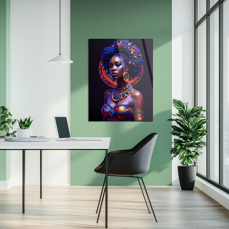 Afrofuturistic Queen Glass Wall Art – Vibrant Tribal Portrait with UV Neon Accents in Blue and Orange-KAFCD230